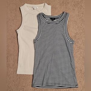2 Banana Republic Tanks, Beige & White And Blue & White Striped Ribbed - Small